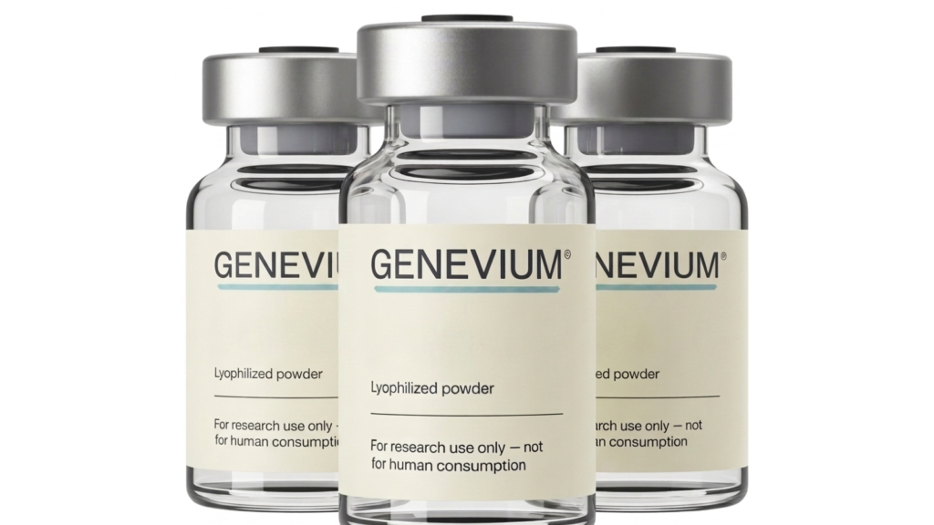 Three Genevium research peptide vials with lyophilized powder and research use only labeling