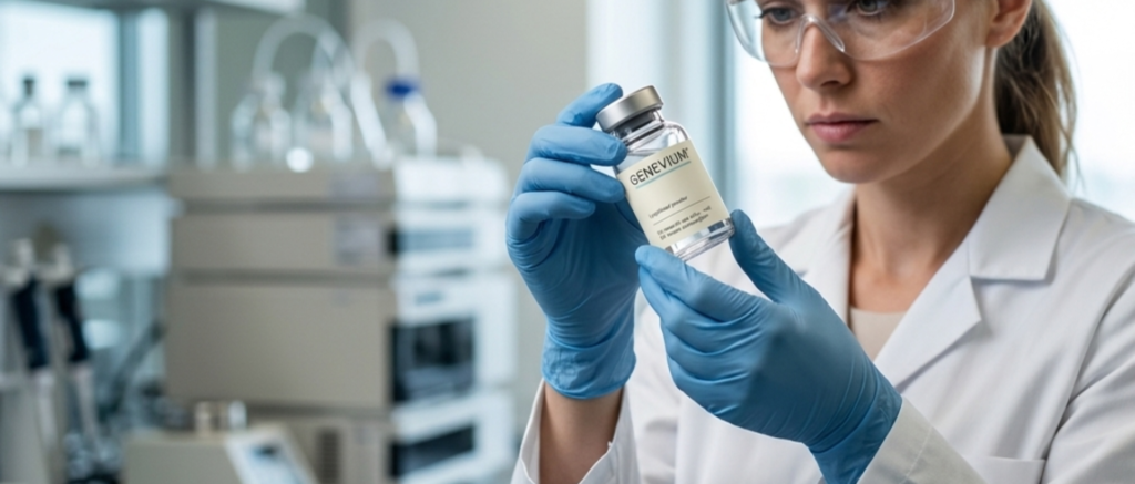 GENEVIUM research peptide vial held by a laboratory researcher in protective gloves and safety glasses inside a quality testing facility