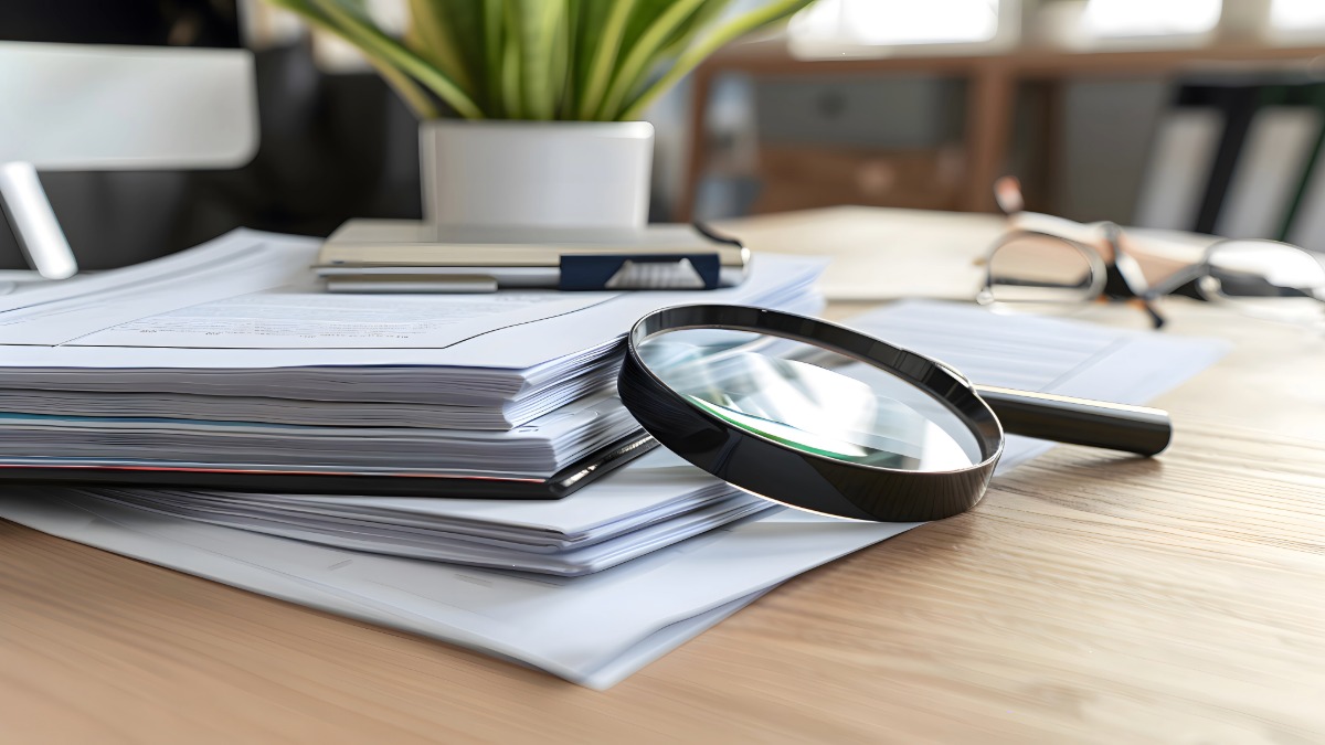 Stack of regulatory documents with magnifying glass on wooden desk, illustrating the synthesis of 2026 FDA peptide reclassification actions across Category 2, 503A, and 503B compounding frameworks