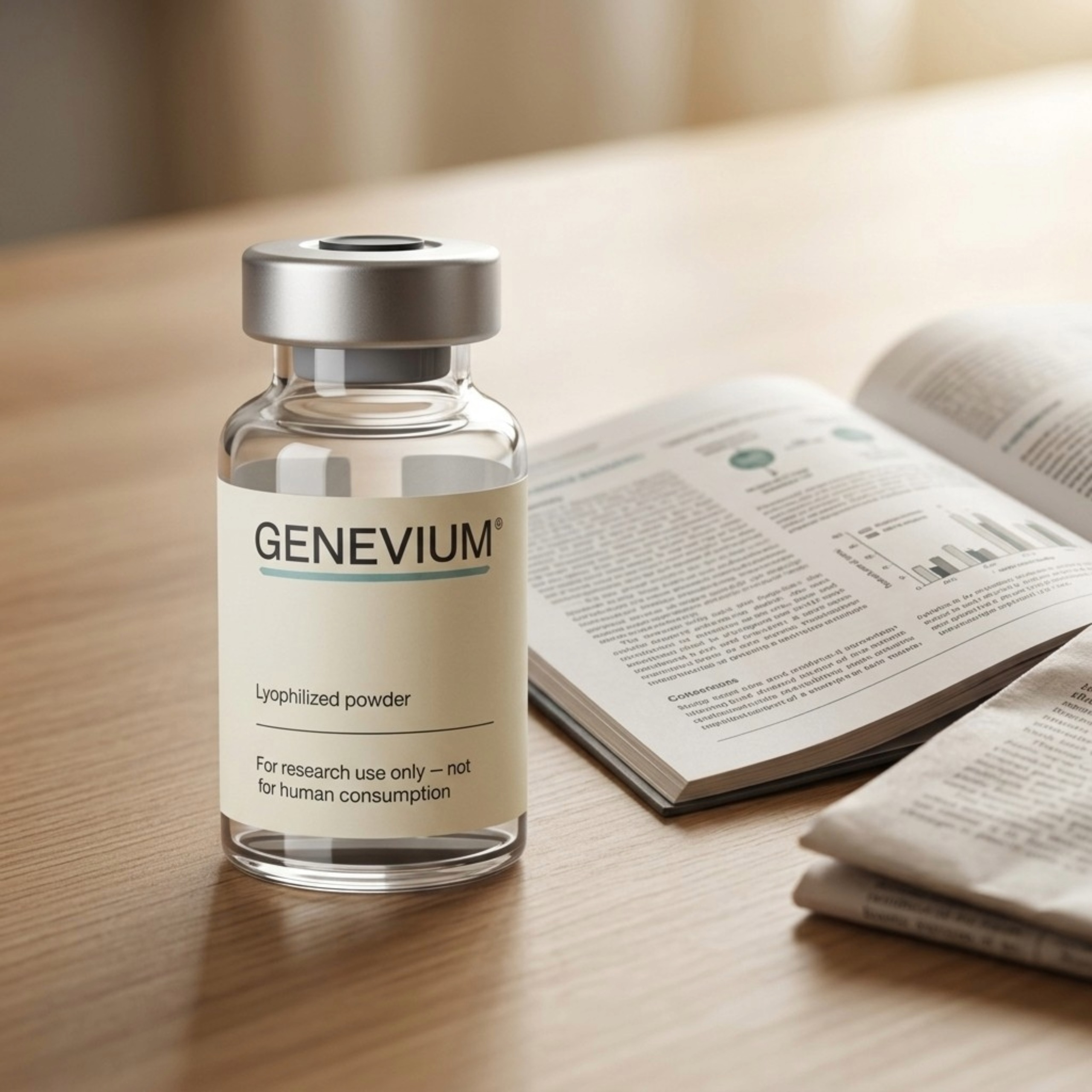 Genevium research peptide vial on wooden surface with research documentation, supplier evaluation reference
