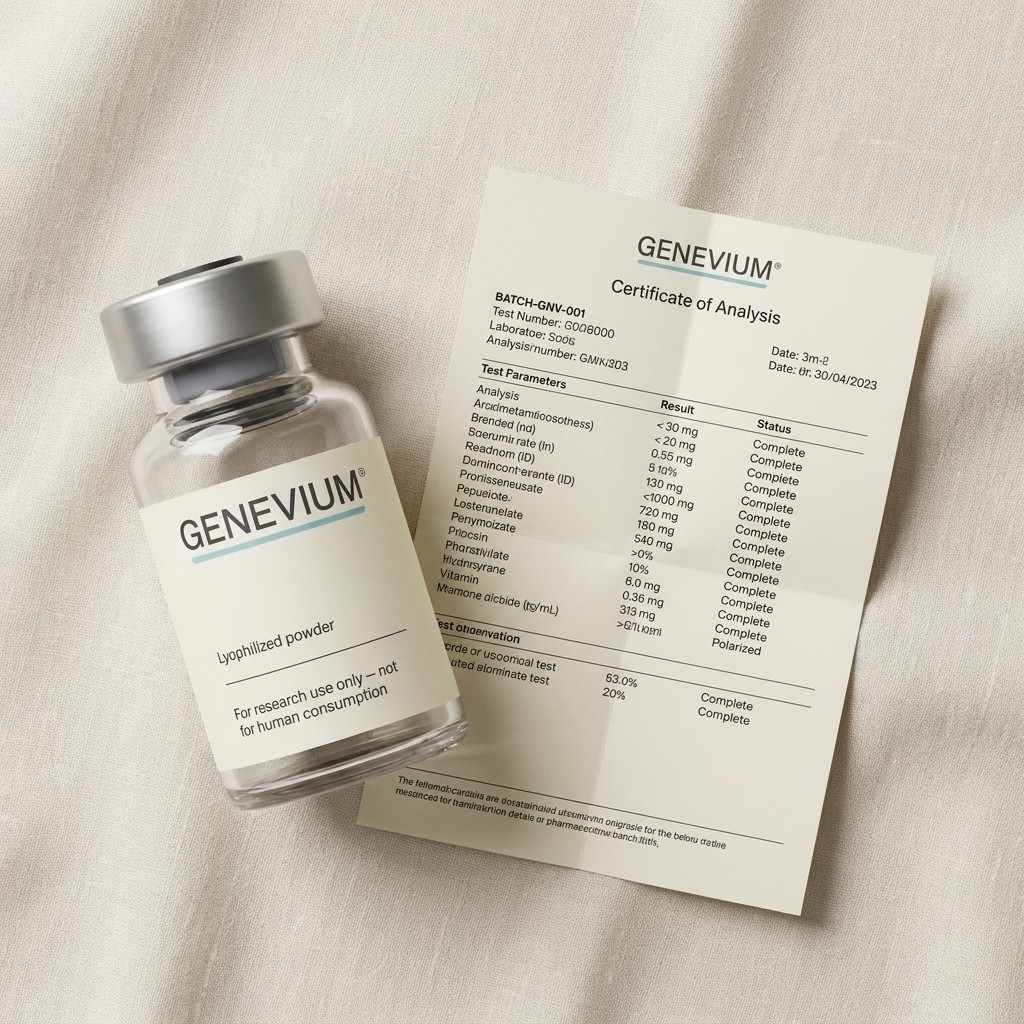 GENEVIUM research peptide vial beside a Certificate of Analysis document on cream linen surface showing batch verification and analytical test results
