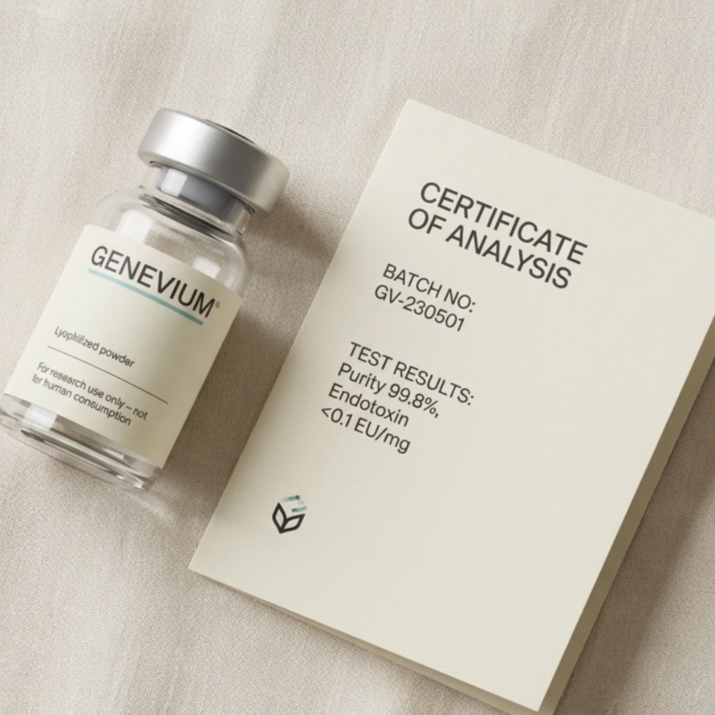 research peptide vial with certificate of analysis card