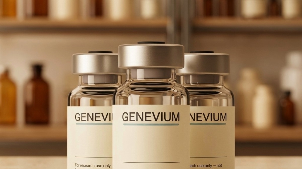 Three GENEVIUM research peptide vials on cream surface in warm-lit laboratory setting