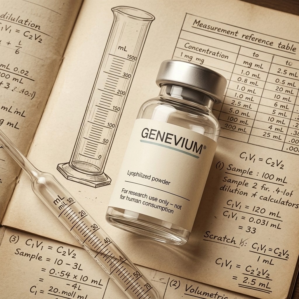 Research peptide vial with handwritten dilution math formulas and measurement reference table