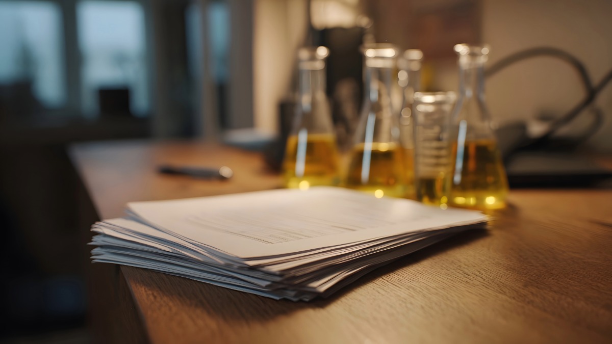 Research peptide vial on dark laboratory surface with warm amber lighting